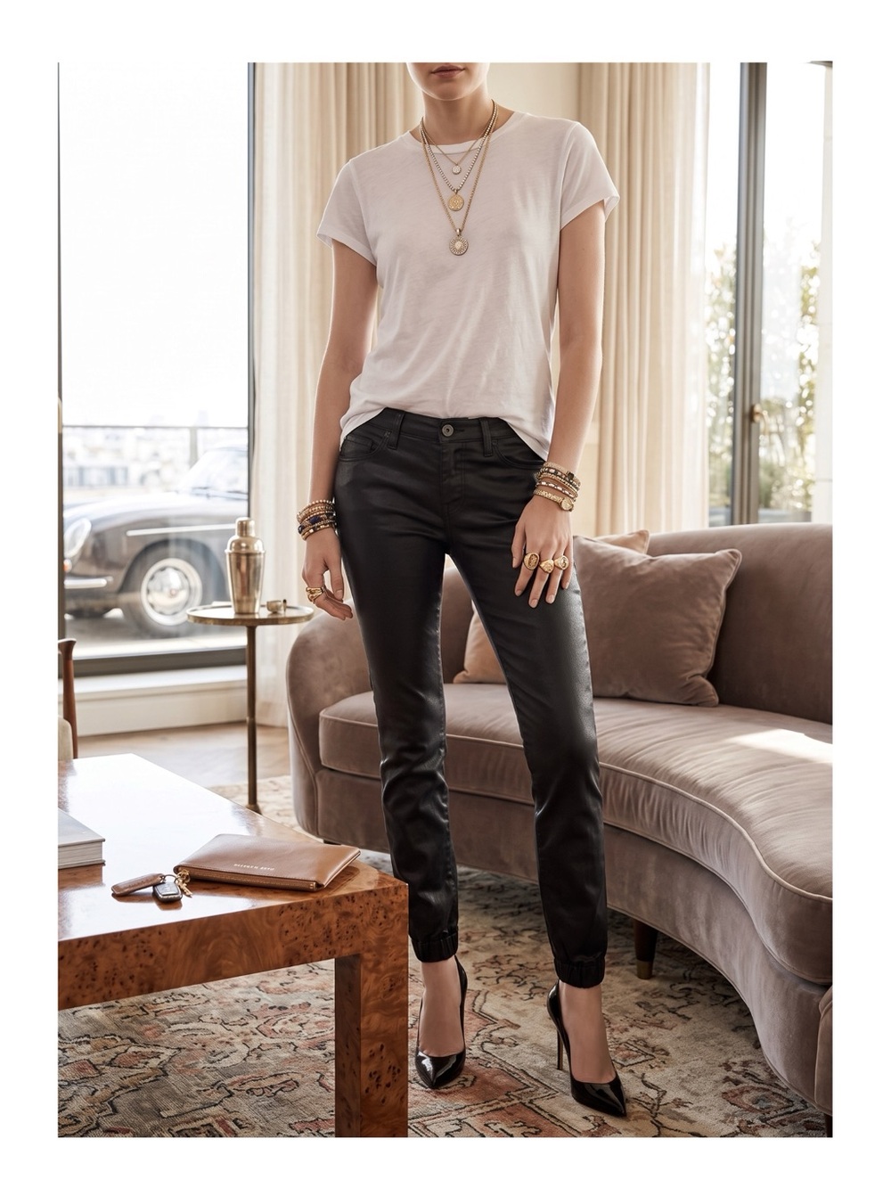 new 3x1 NYC ☏ Retro Coated Track Pant Joggers Jeans ☏ Black 24 ☏ Fashion Forward